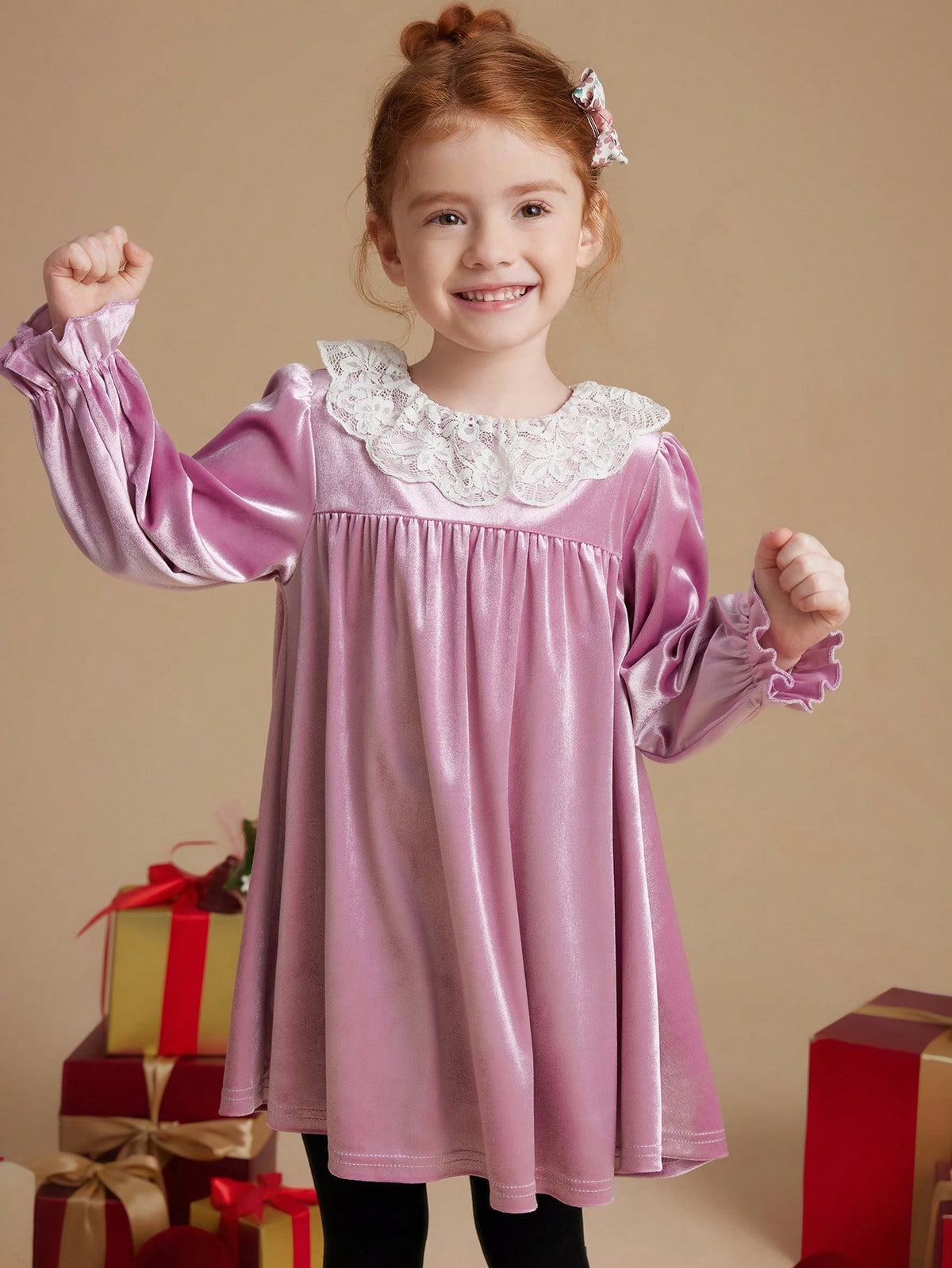 PrepCrw Young Girls' Loose Fit Ruffled Collar Long Sleeve Knit Dress, Pink, School Style For Autumn/Winter