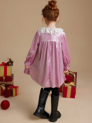 PrepCrw Young Girls' Loose Fit Ruffled Collar Long Sleeve Knit Dress, Pink, School Style For Autumn/Winter