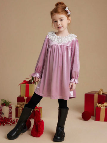 PrepCrw Young Girls' Loose Fit Ruffled Collar Long Sleeve Knit Dress, Pink, School Style For Autumn/Winter