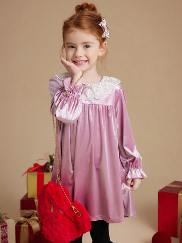 PrepCrw Young Girls' Loose Fit Ruffled Collar Long Sleeve Knit Dress, Pink, School Style For Autumn/Winter