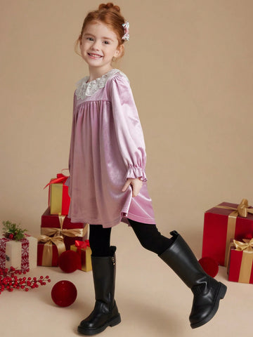 PrepCrw Young Girls' Loose Fit Ruffled Collar Long Sleeve Knit Dress, Pink, School Style For Autumn/Winter