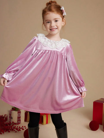 PrepCrw Young Girls' Loose Fit Ruffled Collar Long Sleeve Knit Dress, Pink, School Style For Autumn/Winter