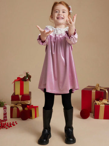 PrepCrw Young Girls' Loose Fit Ruffled Collar Long Sleeve Knit Dress, Pink, School Style For Autumn/Winter