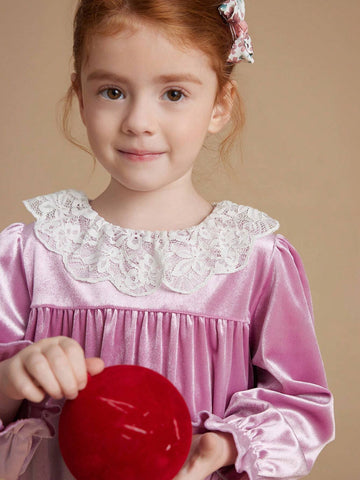 PrepCrw Young Girls' Loose Fit Ruffled Collar Long Sleeve Knit Dress, Pink, School Style For Autumn/Winter