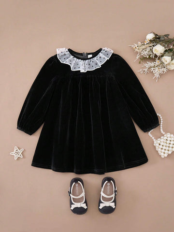 PrepCrw Young Girls' Polka Dot Ruffle Collar Loose Woven Back Slit Casual Dress, Fall/Winter