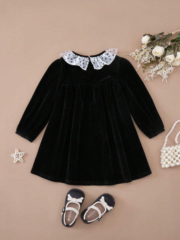 PrepCrw Young Girls' Polka Dot Ruffle Collar Loose Woven Back Slit Casual Dress, Fall/Winter