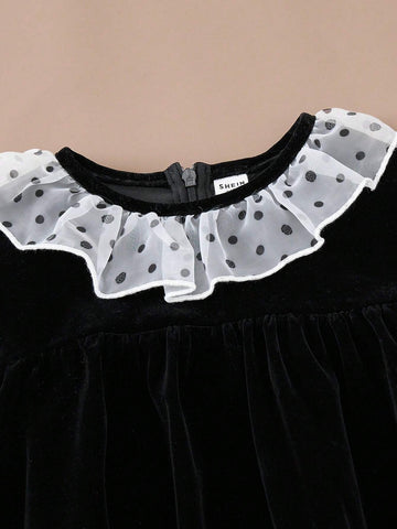 PrepCrw Young Girls' Polka Dot Ruffle Collar Loose Woven Back Slit Casual Dress, Fall/Winter