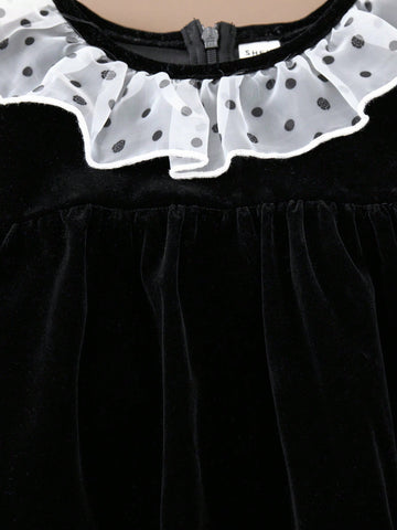 PrepCrw Young Girls' Polka Dot Ruffle Collar Loose Woven Back Slit Casual Dress, Fall/Winter