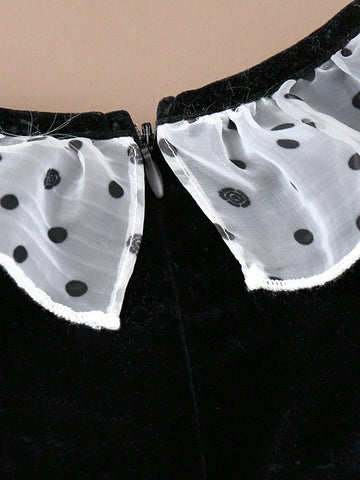 PrepCrw Young Girls' Polka Dot Ruffle Collar Loose Woven Back Slit Casual Dress, Fall/Winter