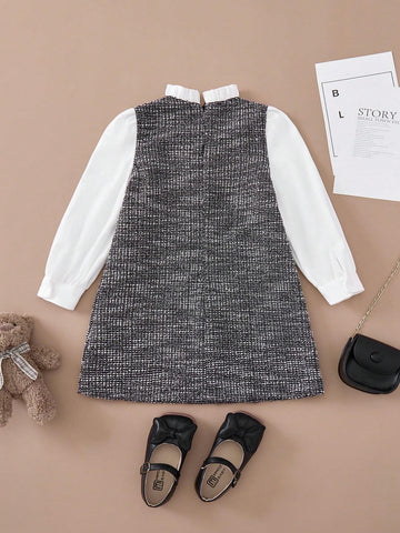 PrepCrw Young Girls' School Style Black & White Woven Mixed Midi Dress, Autumn/Winter