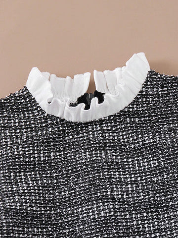 PrepCrw Young Girls' School Style Black & White Woven Mixed Midi Dress, Autumn/Winter