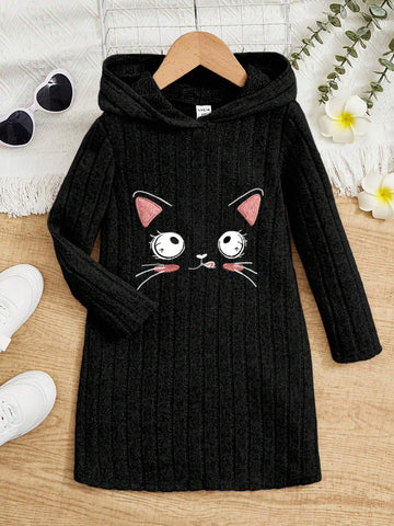 Printed Expression Hooded Loose Casual Dress For Young Girls
