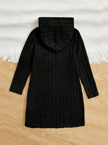 Printed Expression Hooded Loose Casual Dress For Young Girls