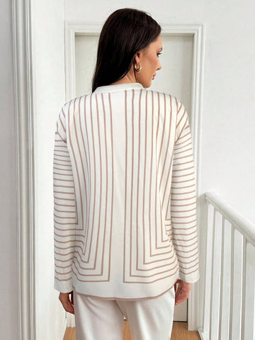 Privé 1pc Autumn Casual Geometric Stripe Long Sleeve Shirt