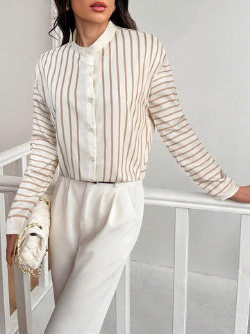 Privé 1pc Autumn Casual Geometric Stripe Long Sleeve Shirt