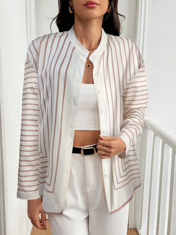 Privé 1pc Autumn Casual Geometric Stripe Long Sleeve Shirt