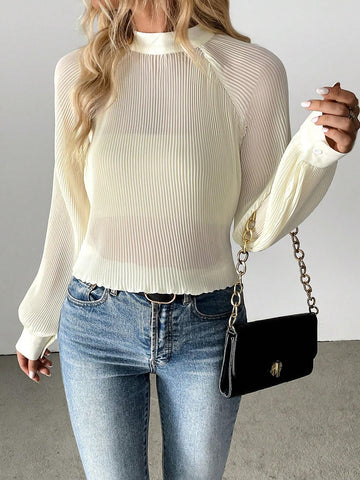 Privé 1pc Casual Solid Color Stand Collar Pleated Raglan Sleeve Blouse, Autumn