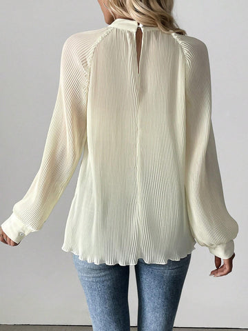 Privé 1pc Casual Solid Color Stand Collar Pleated Raglan Sleeve Blouse, Autumn