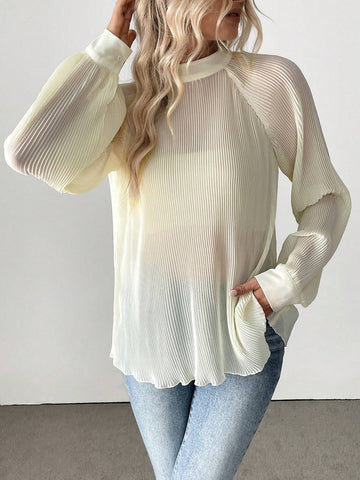 Privé 1pc Casual Solid Color Stand Collar Pleated Raglan Sleeve Blouse, Autumn