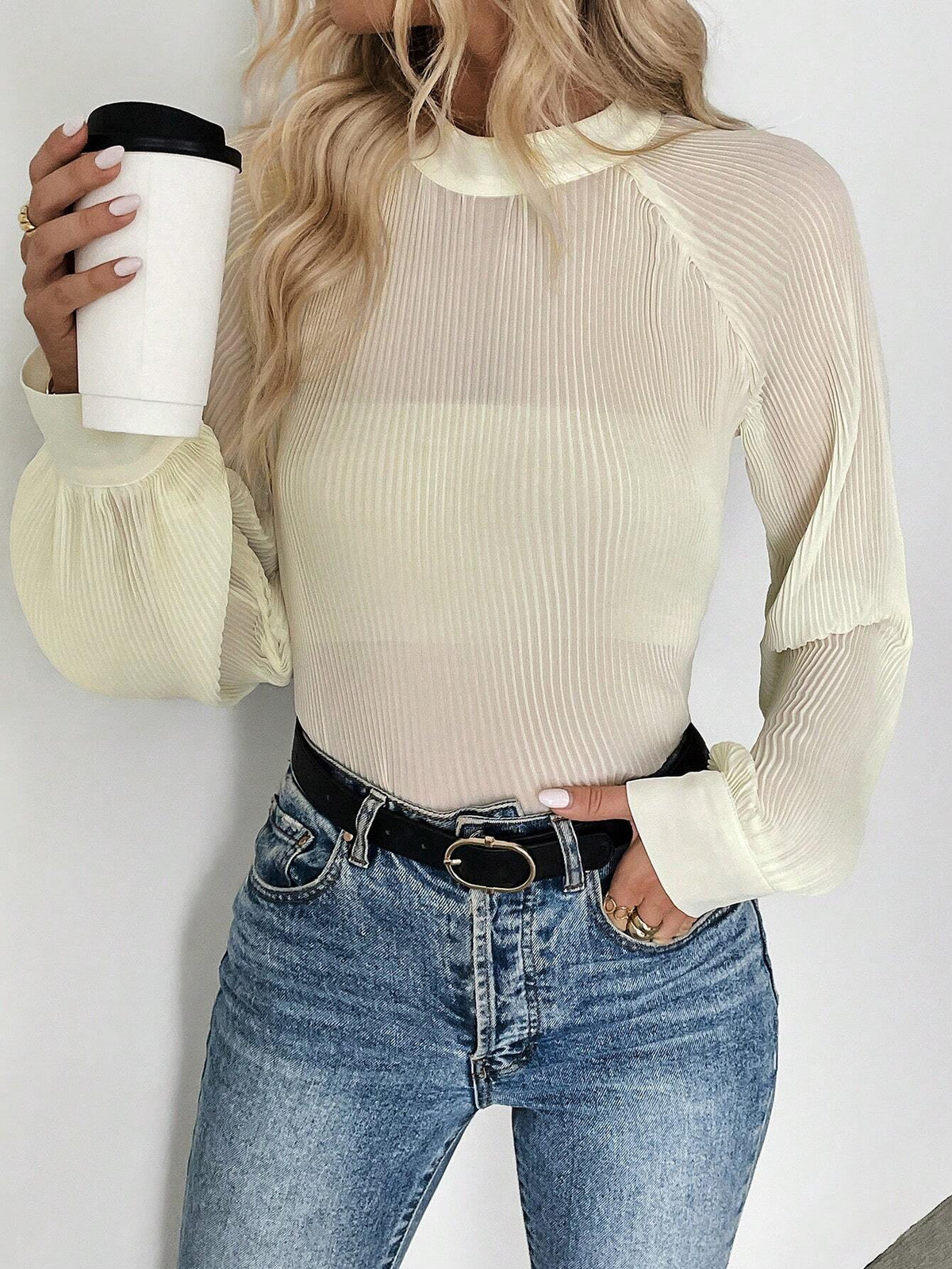 Privé 1pc Casual Solid Color Stand Collar Pleated Raglan Sleeve Blouse, Autumn