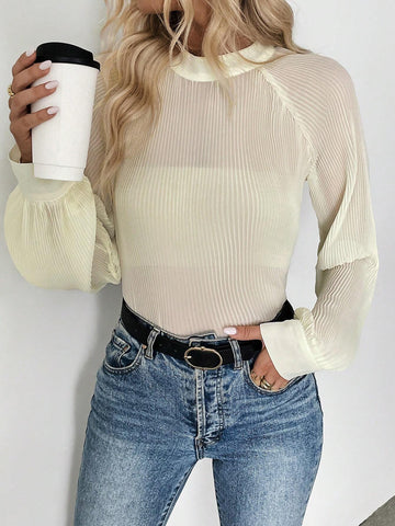 Privé 1pc Casual Solid Color Stand Collar Pleated Raglan Sleeve Blouse, Autumn