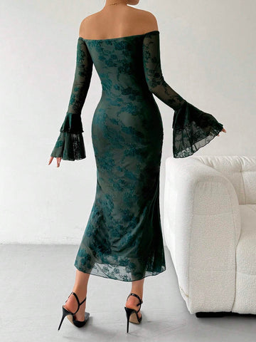 1pc Off-Shoulder Flare Sleeve Flocked Fishtail Dress