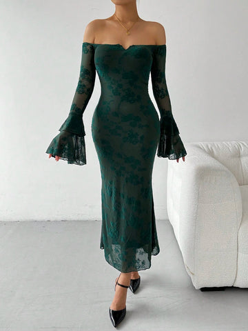 1pc Off-Shoulder Flare Sleeve Flocked Fishtail Dress