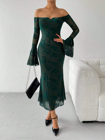 1pc Off-Shoulder Flare Sleeve Flocked Fishtail Dress