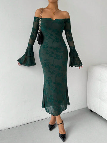 1pc Off-Shoulder Flare Sleeve Flocked Fishtail Dress
