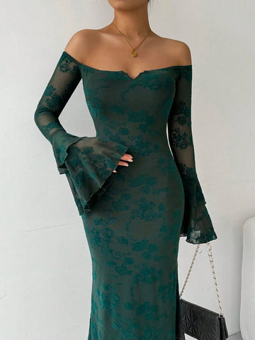 1pc Off-Shoulder Flare Sleeve Flocked Fishtail Dress