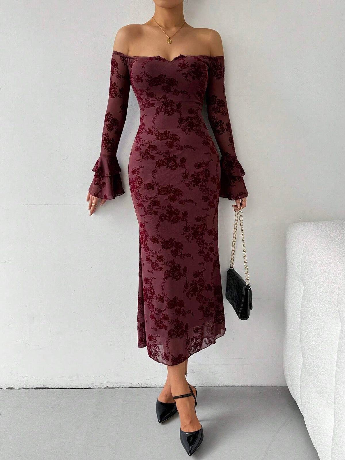 Off-Shoulder Flared Sleeve Flocked Dress