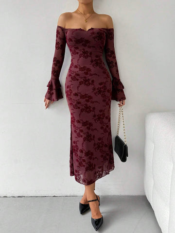 Off-Shoulder Flared Sleeve Flocked Dress