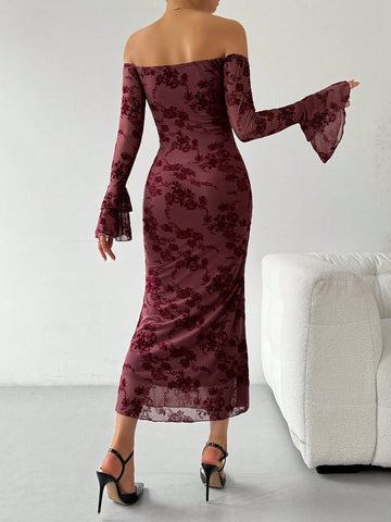 Off-Shoulder Flared Sleeve Flocked Dress