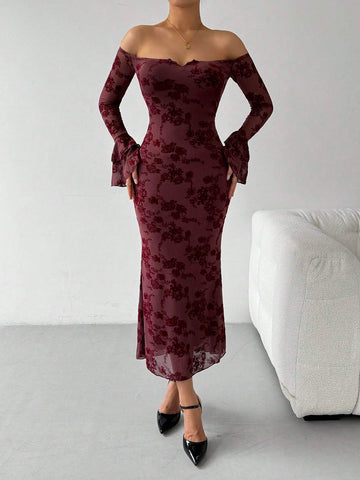 Off-Shoulder Flared Sleeve Flocked Dress