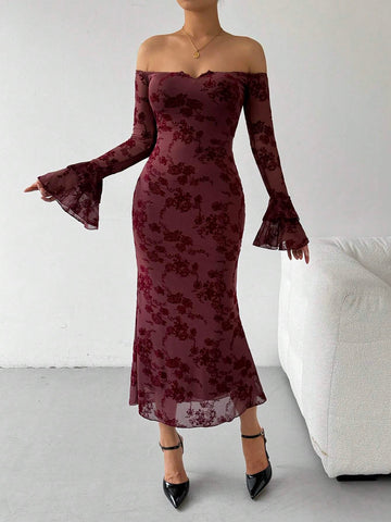 Off-Shoulder Flared Sleeve Flocked Dress