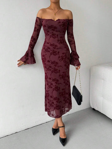Off-Shoulder Flared Sleeve Flocked Dress