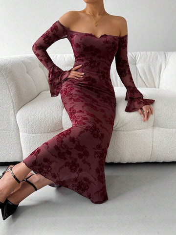 Off-Shoulder Flared Sleeve Flocked Dress