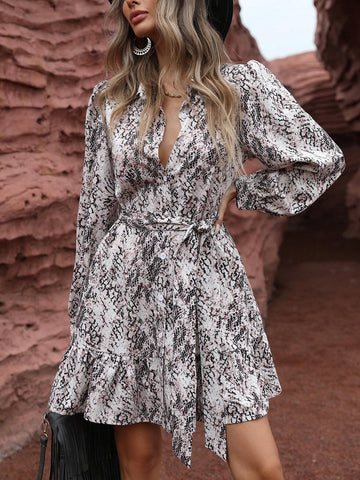 1pc Snake Skin Print Long Sleeve Dress