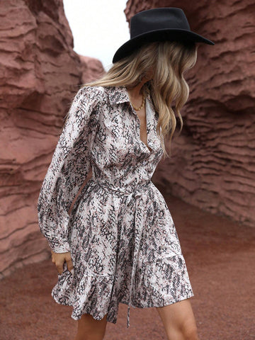 1pc Snake Skin Print Long Sleeve Dress