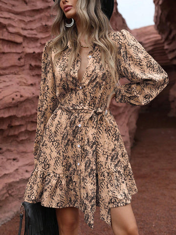 1pc Snake Skin Print Long Sleeve Shirt Collar Dress