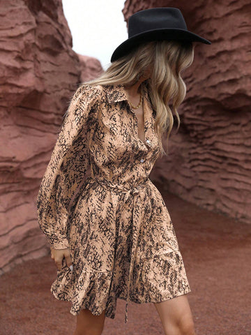 1pc Snake Skin Print Long Sleeve Shirt Collar Dress