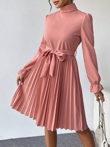 1pc Solid Color Belted Stand Collar Pleated Long Sleeve Dress, Elegant