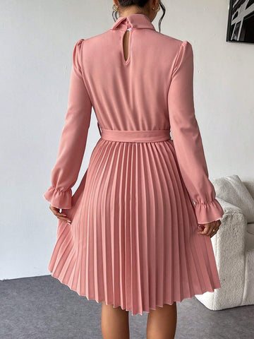 1pc Solid Color Belted Stand Collar Pleated Long Sleeve Dress, Elegant