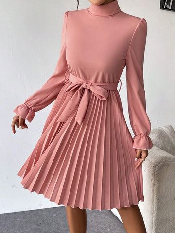 1pc Solid Color Belted Stand Collar Pleated Long Sleeve Dress, Elegant