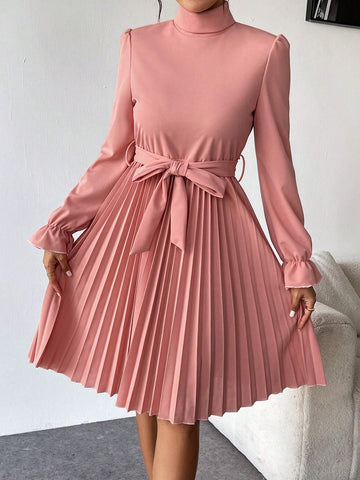 1pc Solid Color Belted Stand Collar Pleated Long Sleeve Dress, Elegant