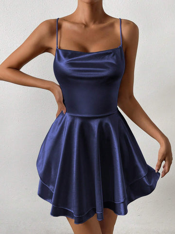 1pc Solid Color Pleated Layered Sleeveless Sexy Slip Dress