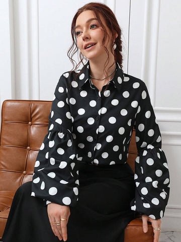 Privé 1pc Vintage Polka Dot Print Long Lantern Sleeve Loose Blouse For Women