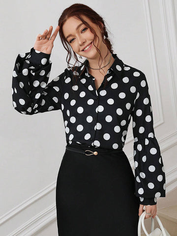 Privé 1pc Vintage Polka Dot Print Long Lantern Sleeve Loose Blouse For Women