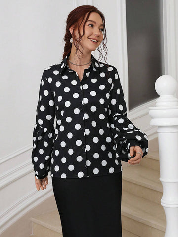 Privé 1pc Vintage Polka Dot Print Long Lantern Sleeve Loose Blouse For Women