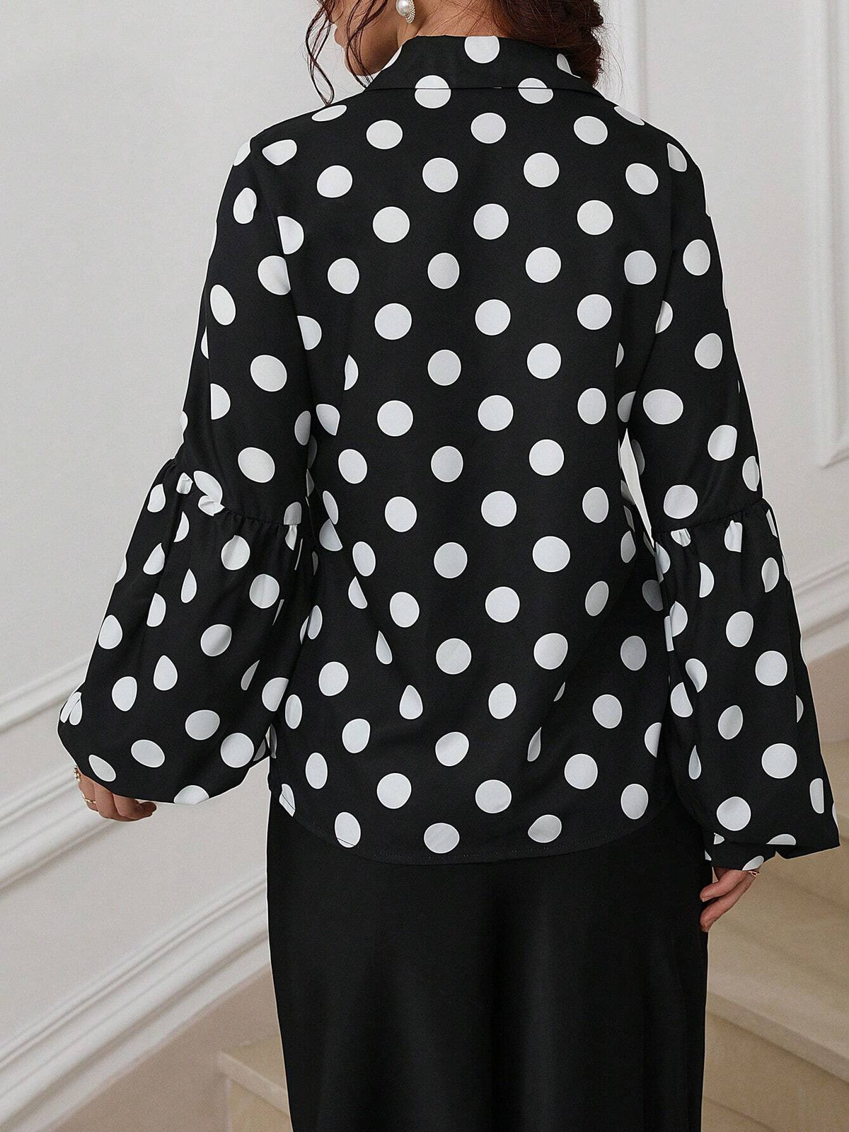 Privé 1pc Vintage Polka Dot Print Long Lantern Sleeve Loose Blouse For Women